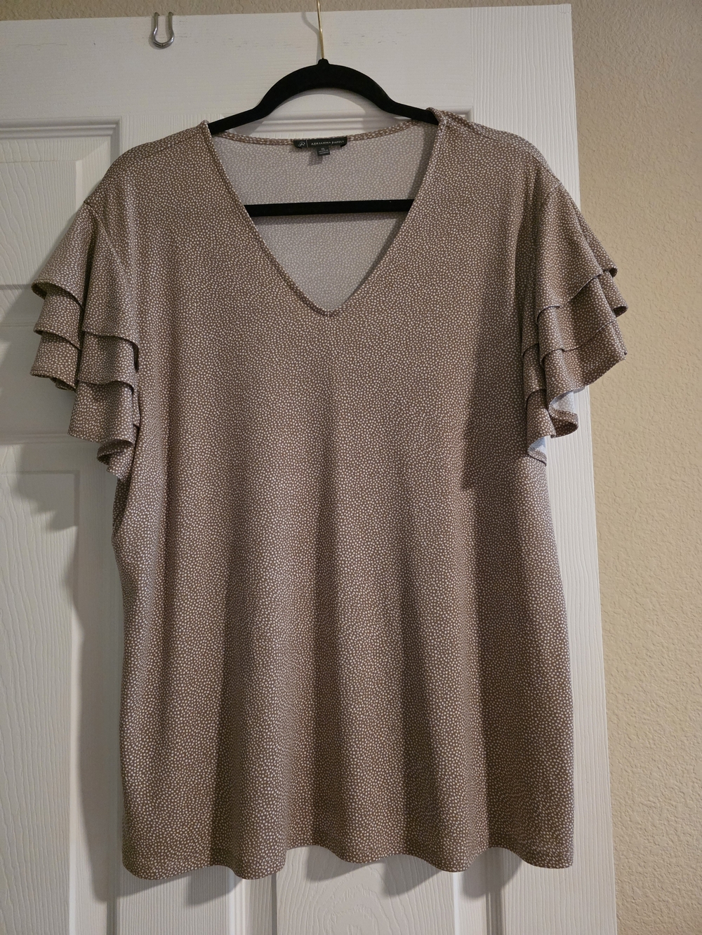 Adrianna Papell Taupe Dot V-Neck Ruffle Sleeve Top